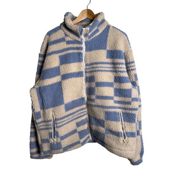 UO Blue and Tan 100% Polyester Sherpa Plush Zip Jacket Size Large - Picture 1 of 8
